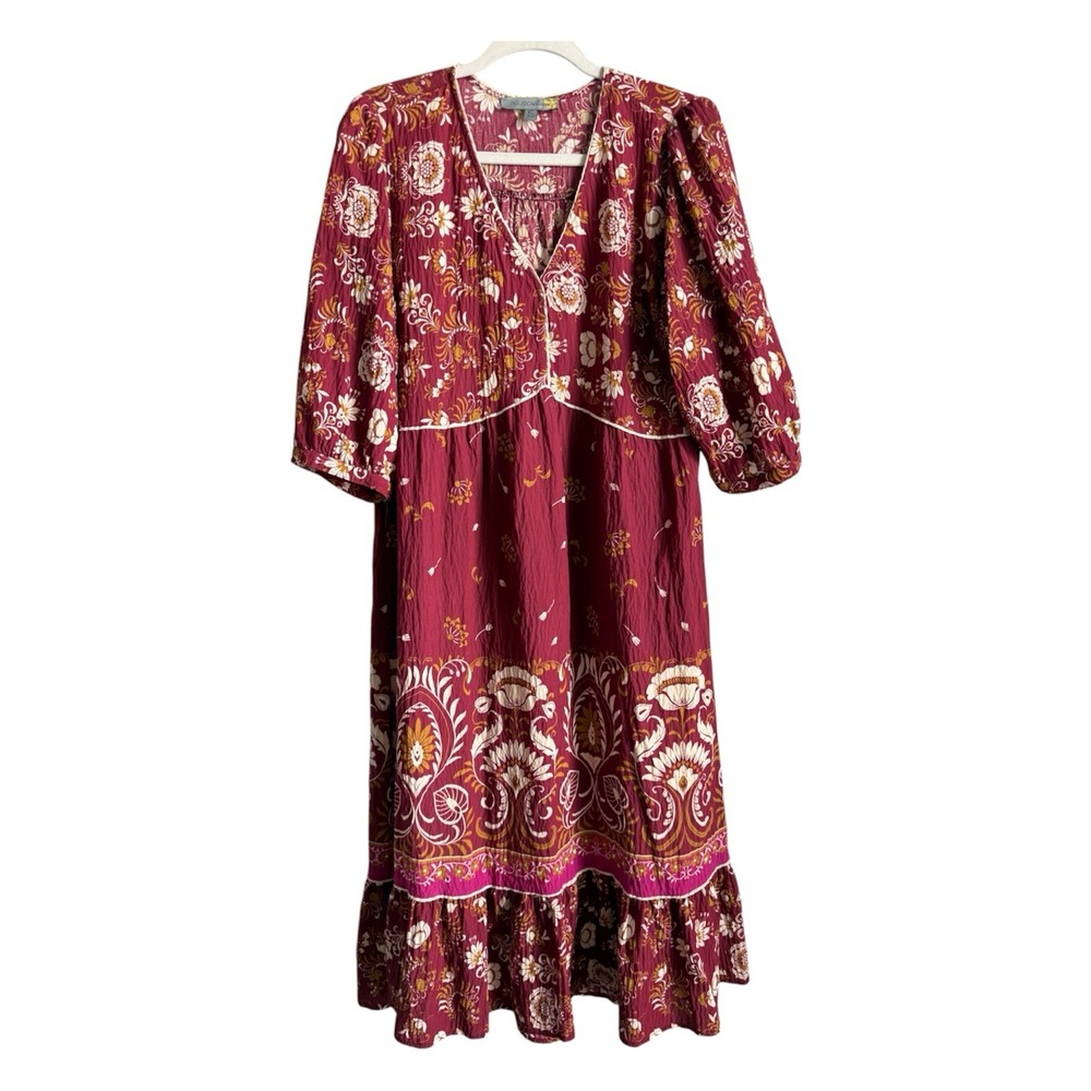 Figueroa & Flower Floral Midi Dress Burgundy Red Crinkle Puff Sleeve XL Peasant